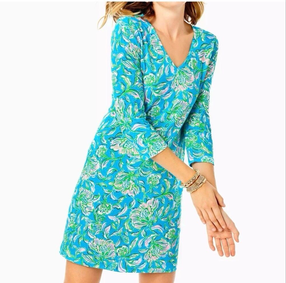 Lilly Pulitzer Tessa 3/4 Sleeve V-neck Dress in Cumulus Blue Chick Magnet Sz XL